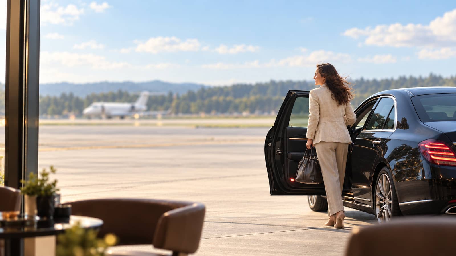 A traveller stepping into a black car outside a terminal lounge, a business jet in the distance