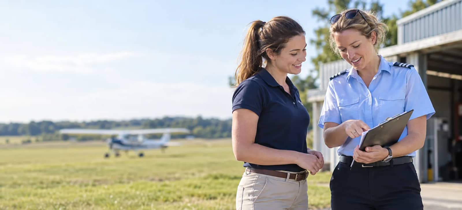 A flight instructor and a student pilot talking beside a hangar, a light training aircraft on the grass behind them