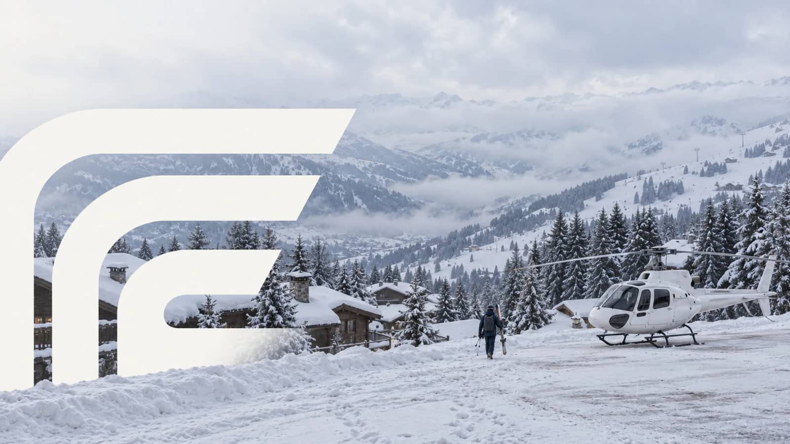 Skier walking to a helicopter beside snowy chalets in Courchevel