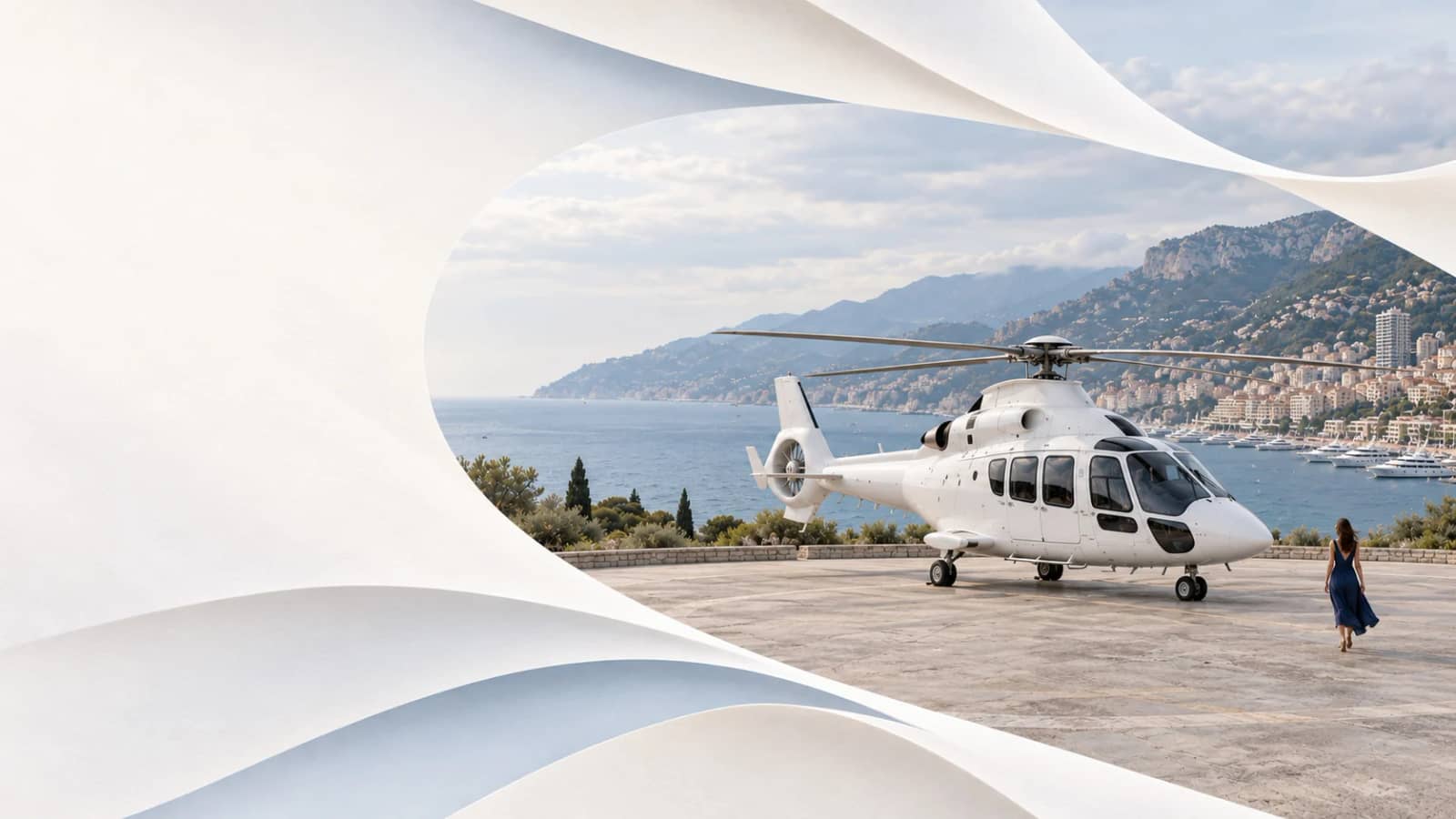 White helicopter on a heliport above the harbour in Monaco
