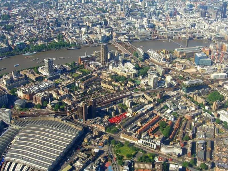 London seen from a helicopter, with the Thames and the South Bank