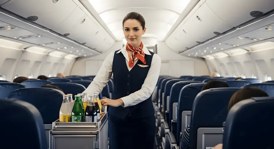 Cabin crew serving beverages in economy class