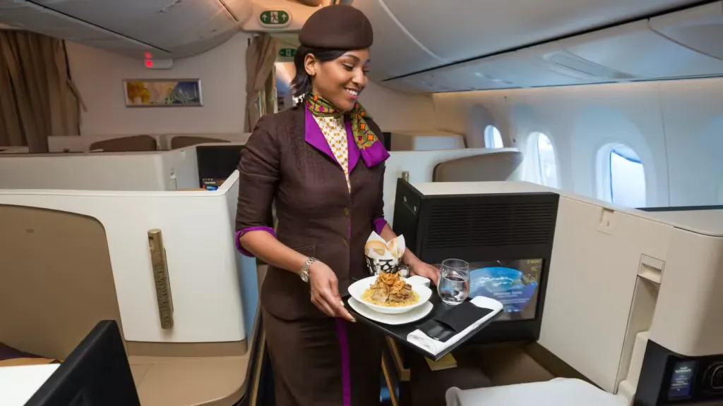 Flight attendants preparing cabin service