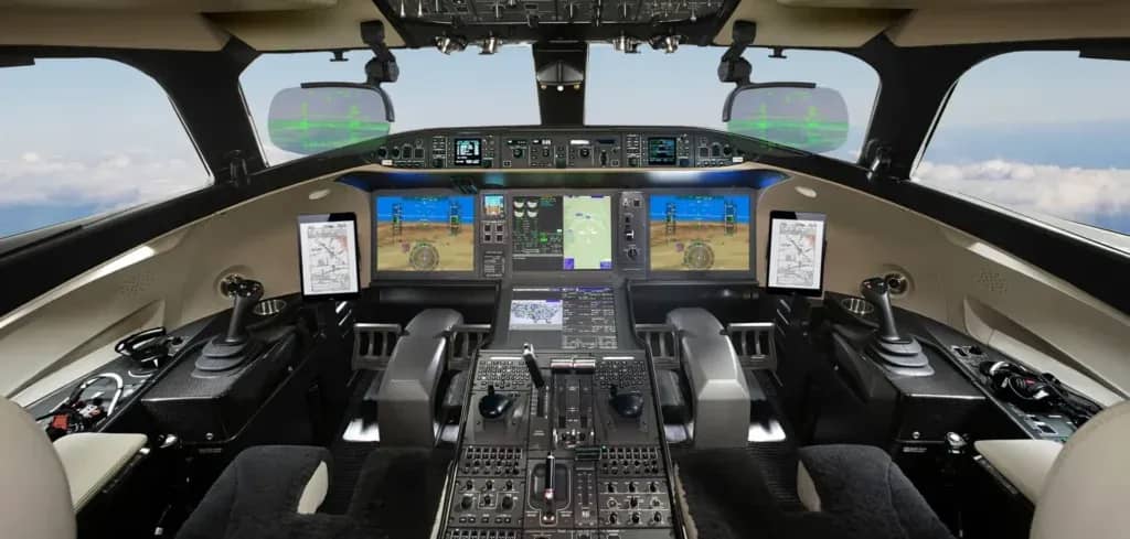 modern business jet flight deck with digital controls