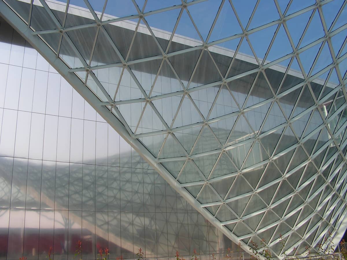 Glass and steel roof canopy of the Fiera Milano Rho exhibition centre