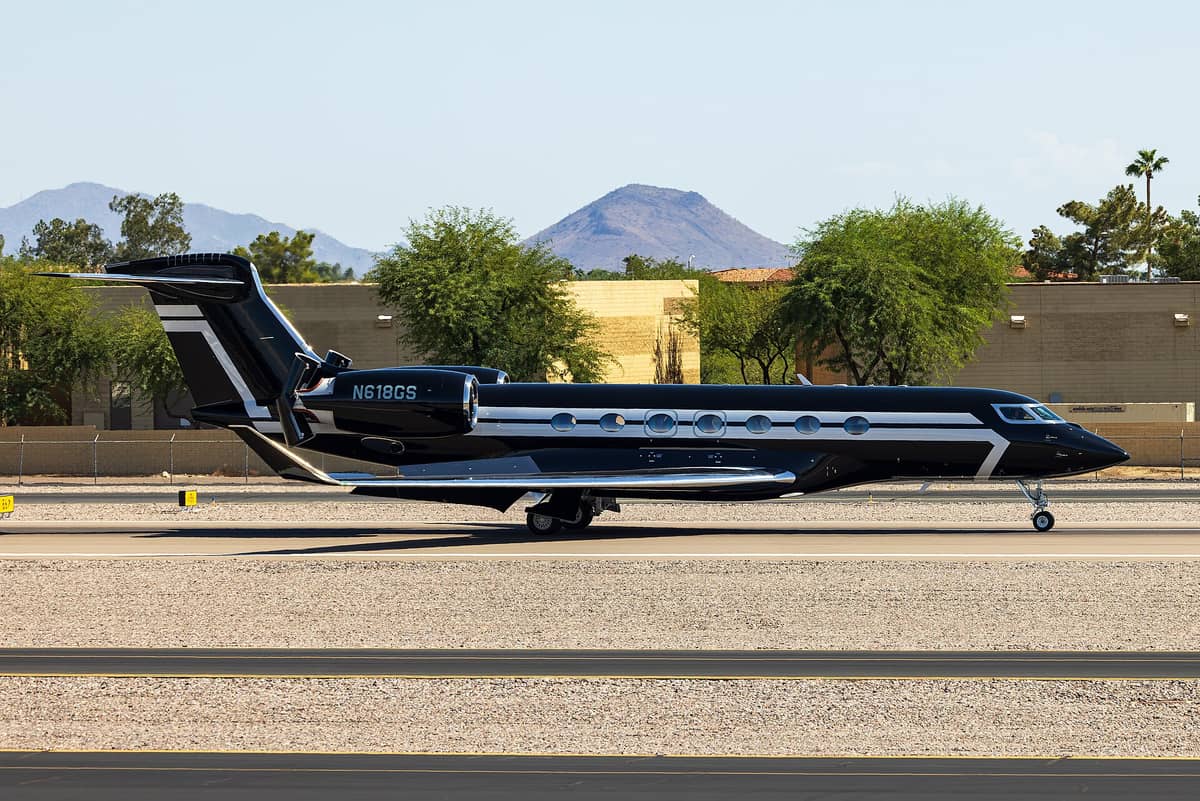 Gulfstream G600 business jet on the runway at Scottsdale Airport, Arizona