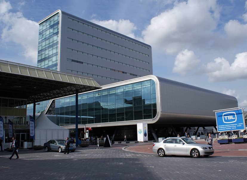 Entrance and Elicium building of the RAI Amsterdam exhibition and convention centre during a trade show