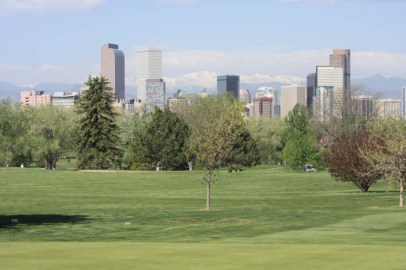 Mount Evans and Denver skyline from City Park Golf Course
