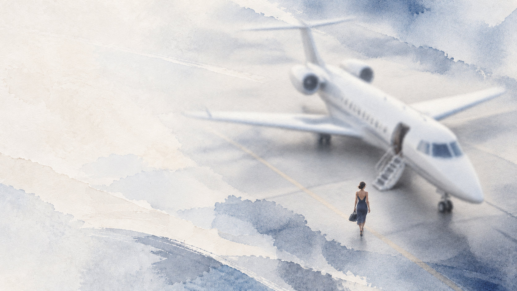 Watercolour of a passenger walking across the apron to a business jet with its stairs down