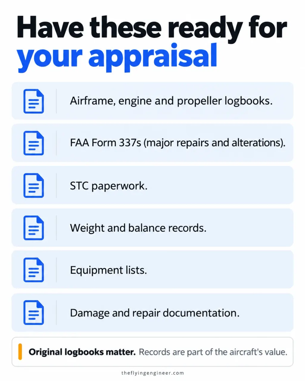Documents to have ready for an aircraft appraisal: logbooks, Form 337s, STC paperwork, weight and balance records, equipment lists and repair records