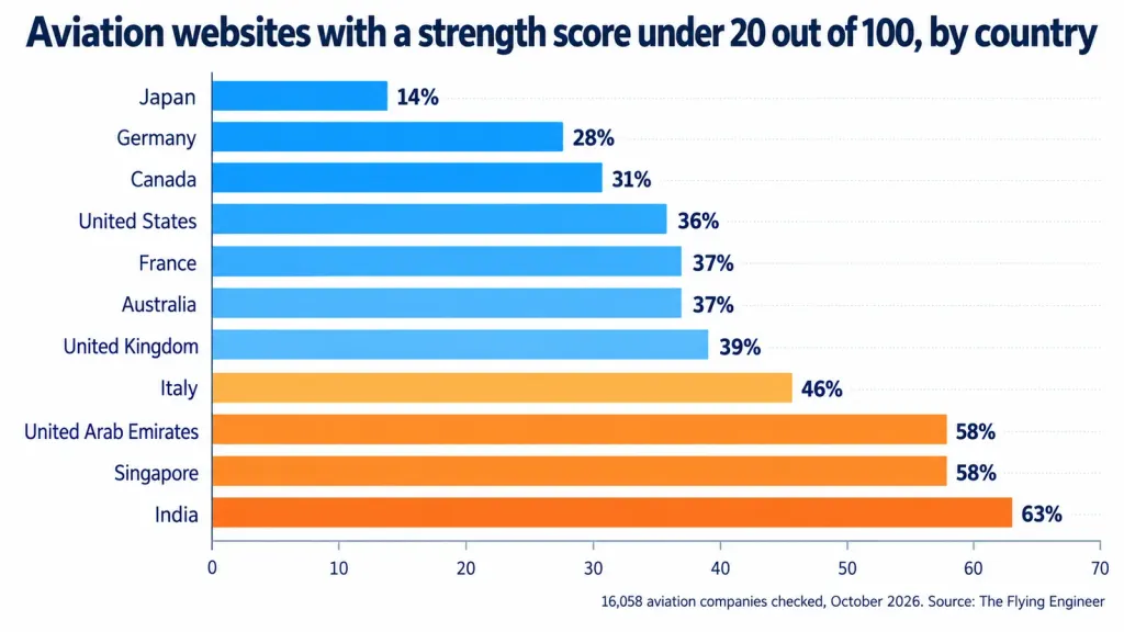 Share of aviation websites with a strength score under 20, by country: Japan 14% to India 63%