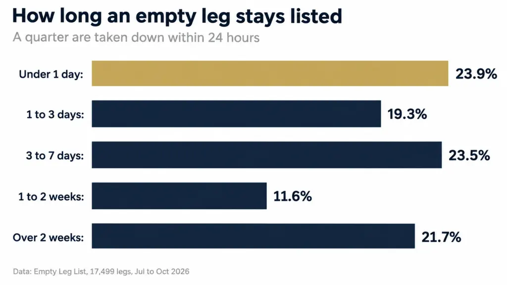 How long an empty leg stays listed: 23.9% under a day, 19.3% 1 to 3 days, 23.5% 3 to 7 days, 11.6% 1 to 2 weeks, 21.7% over 2 weeks
