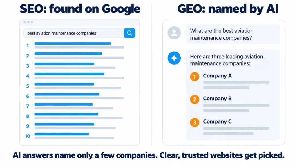 Google shows ten links, while an AI answer names only three companies