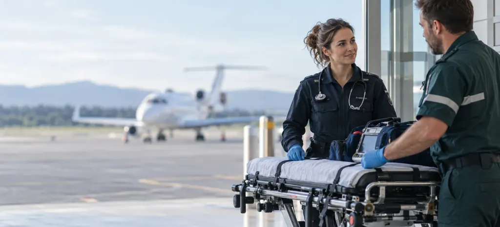 A flight nurse and a paramedic preparing a stretcher beside an air ambulance jet