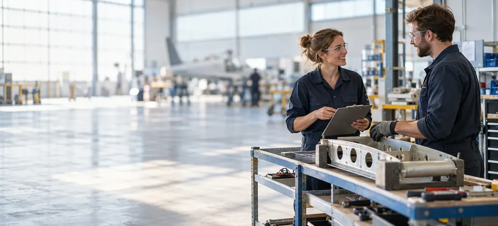 Two technicians checking a structural part in an aircraft assembly hall