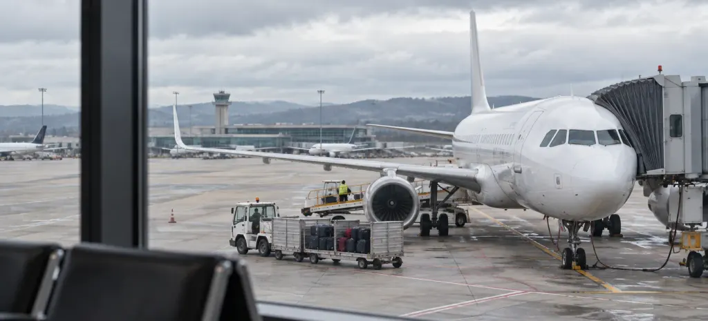 A white airliner at a jet bridge being loaded with baggage, seen from a terminal gate lounge
