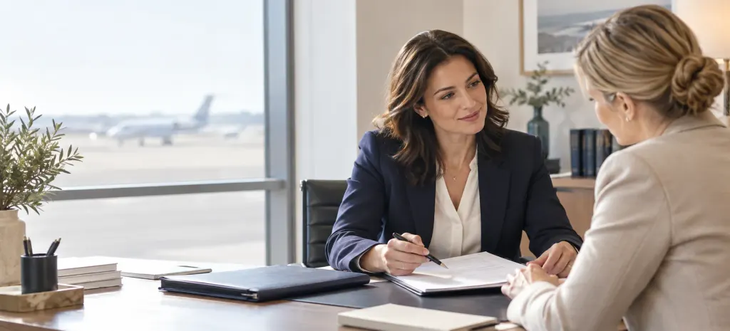 An aviation lawyer taking notes with a client in an office overlooking an airfield