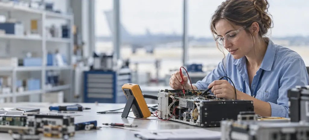 An avionics technician testing a circuit board with a multimeter in a workshop near the runway
