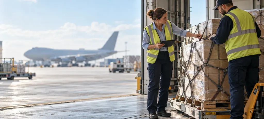 Cargo agents checking a netted pallet at a warehouse door, a freighter aircraft on the apron