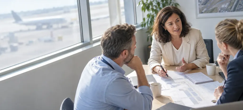 An aviation consultant presenting an airport plan to two clients