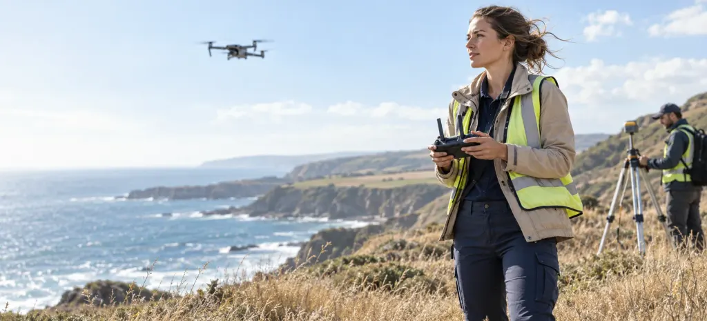 A drone pilot in a high visibility jacket flying a survey drone over coastal cliffs