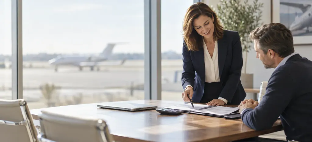 An aircraft finance adviser going through loan documents with a client