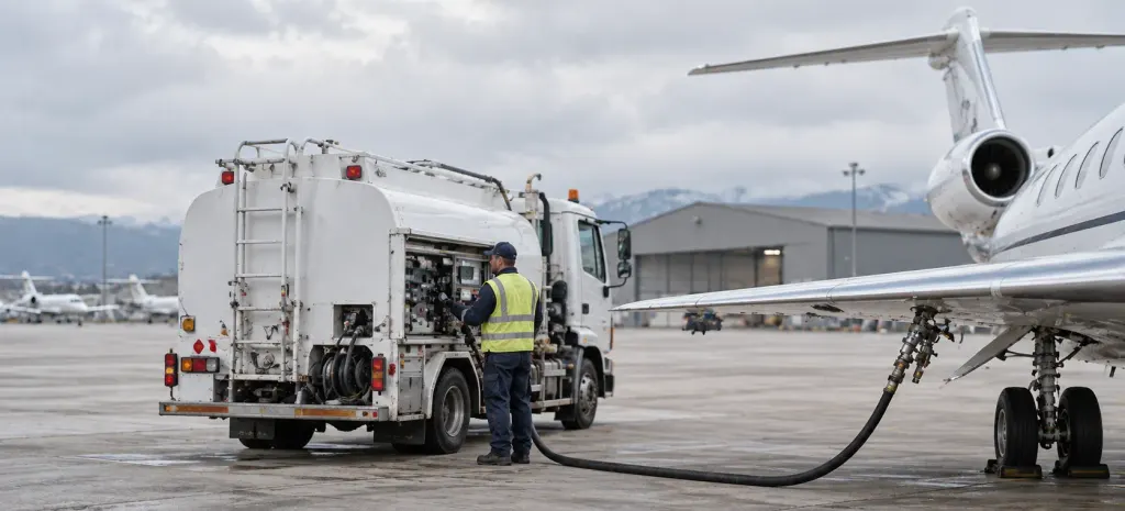 A fueller at a fuel truck refuelling a business jet through a hose under the wing