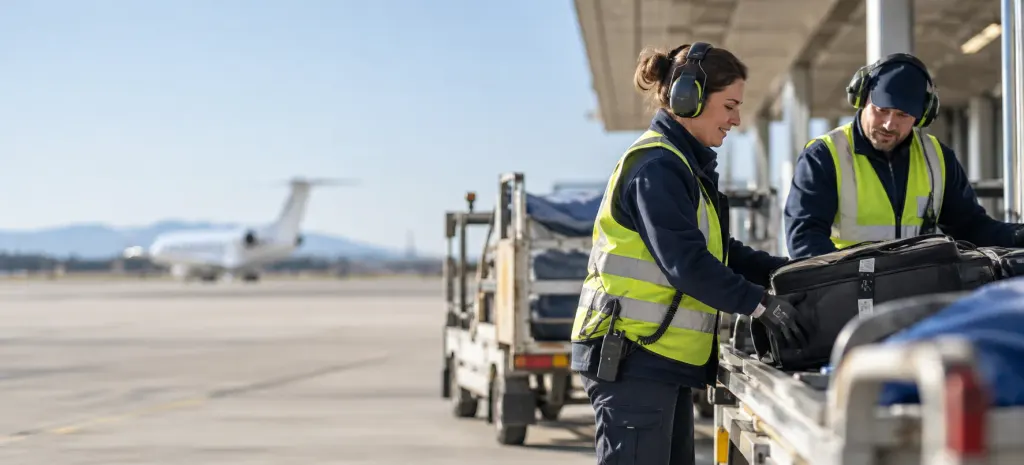 Ramp agents in high visibility vests loading baggage beside a business jet