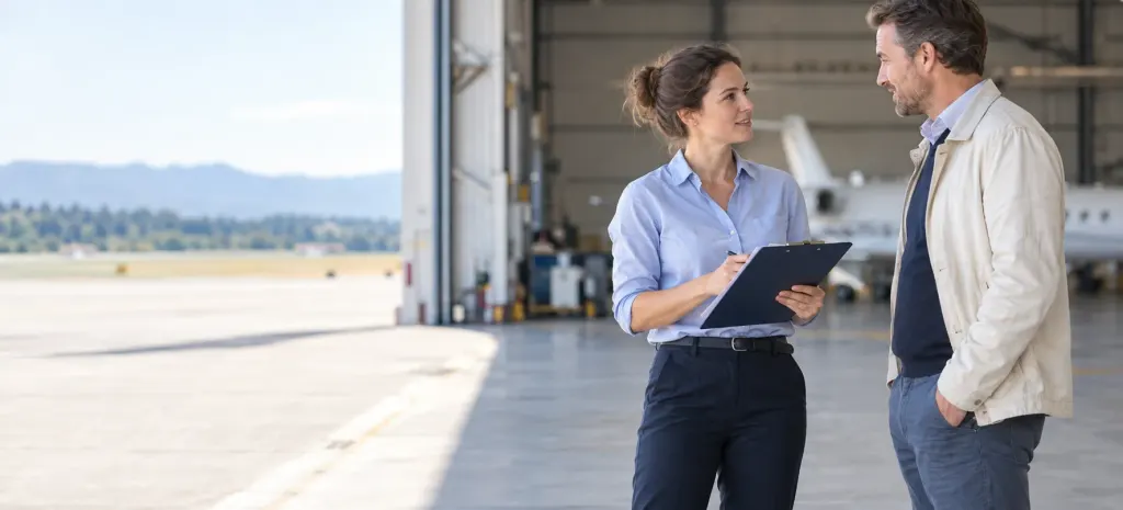 An insurance surveyor with a clipboard talking to an aircraft owner in a hangar