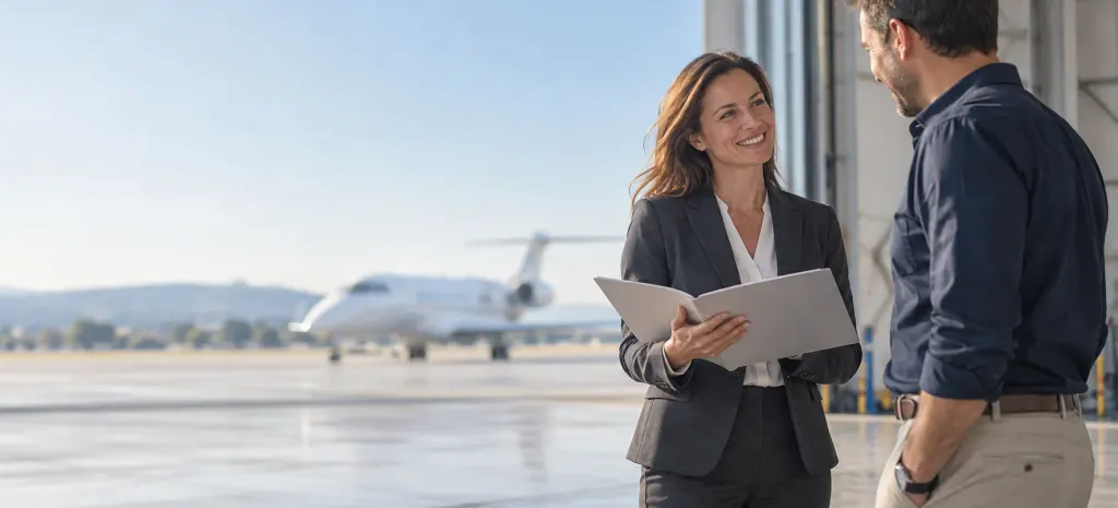 A leasing manager presenting terms to a client in a hangar, a business jet behind them