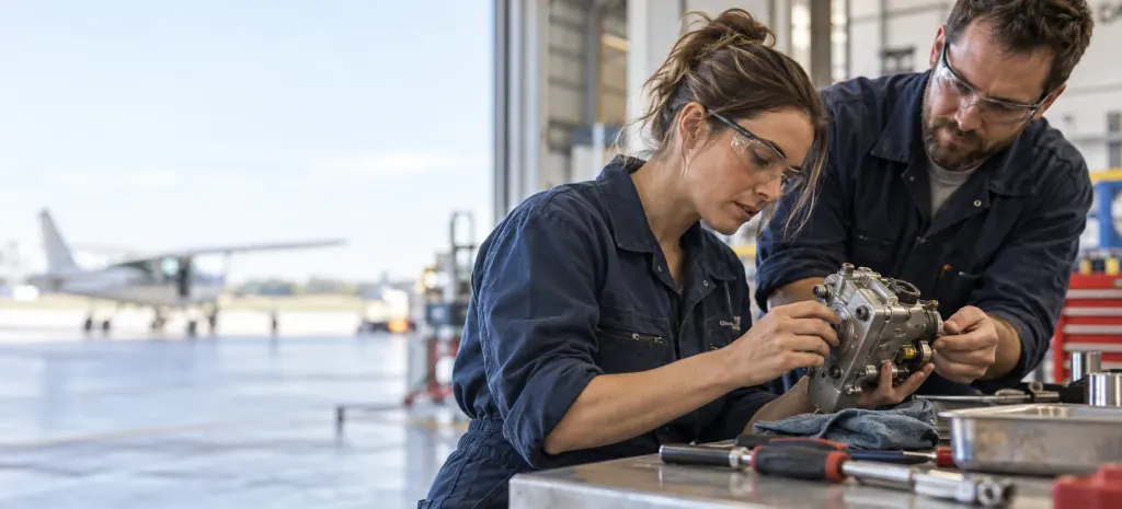 Two aircraft engineers in overalls inspecting a component on a workbench in an open hangar