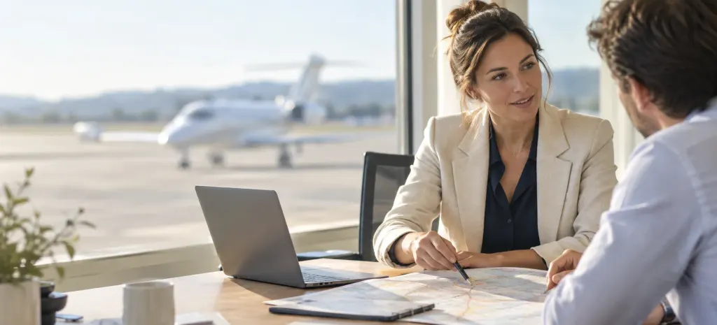 An aircraft manager reviewing a flight plan with an owner, a business jet visible through the window