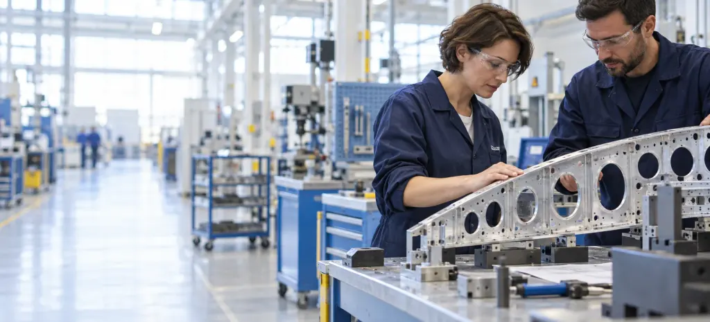Two technicians in safety glasses checking a machined wing rib in an aerospace factory