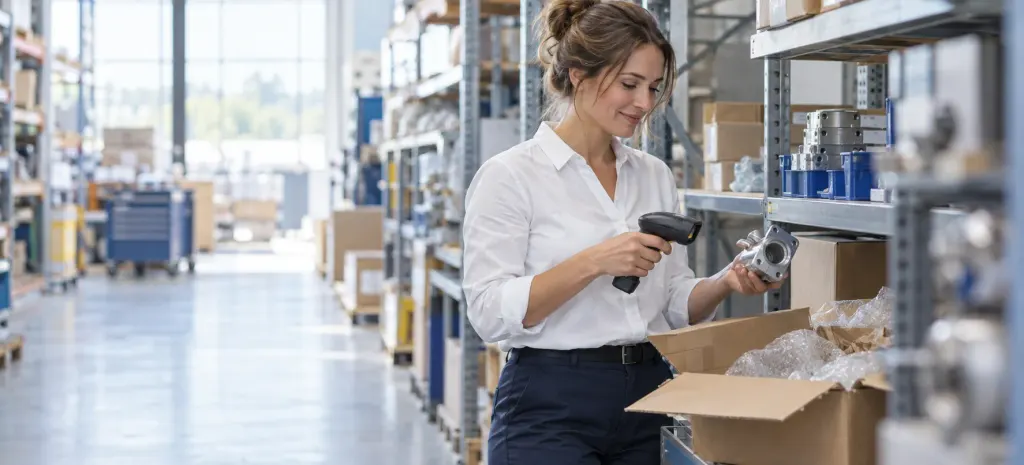 A parts specialist scanning an aircraft component in a stocked warehouse aisle
