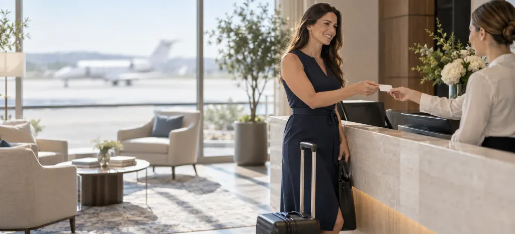 A traveller handing a card to a receptionist at a private aviation lounge