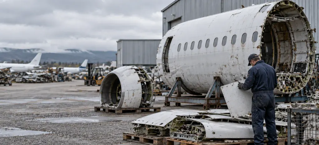 A worker sorting panels from a dismantled fuselage and engine nacelle in an aircraft salvage yard