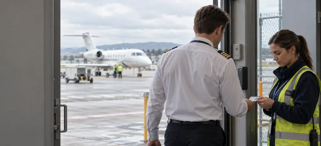 An airport security officer checking a pilot's pass at an airside door, a business jet on the apron behind