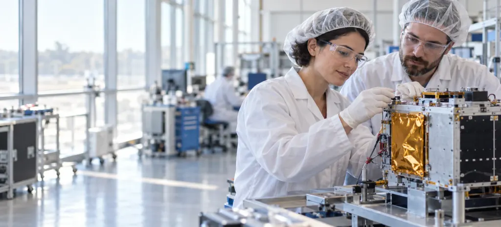 Engineers in a clean room assembling a satellite module wrapped in gold foil