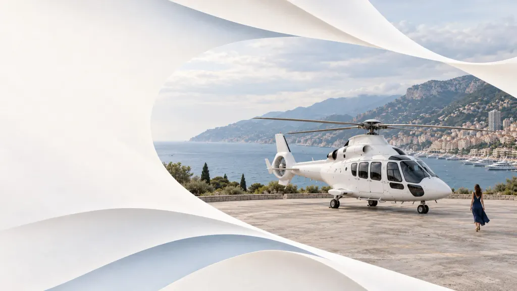 White helicopter on a heliport above the harbour in Monaco
