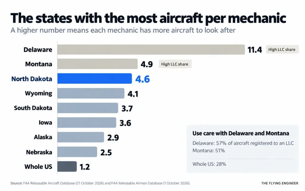 Bar chart of US states with the most registered aircraft per FAA certificated mechanic, led by Delaware at 11.4, with North Dakota at 4.6 and the whole US at 1.2