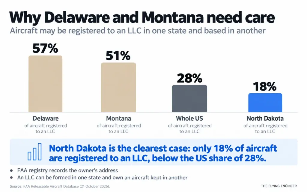 Bar chart showing the share of aircraft registered to an LLC: Delaware 57 percent, Montana 51 percent, whole US 28 percent, North Dakota 18 percent