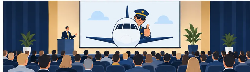 Illustration: a speaker on a conference stage next to a screen showing an aircraft with a pilot giving a thumbs up