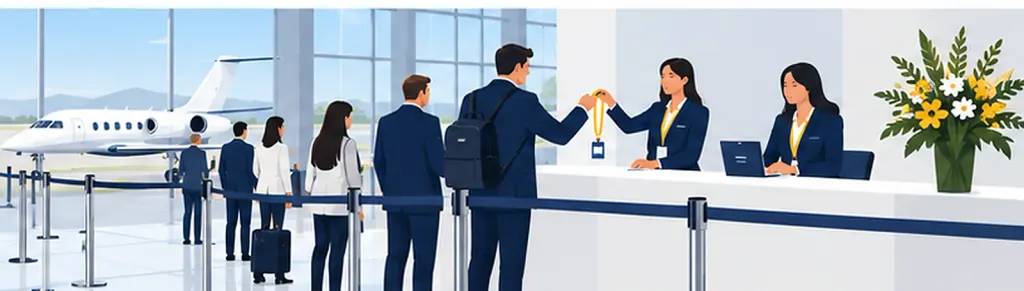 Illustration: visitors queue at an event registration desk while a staff member hands over a badge on a yellow lanyard