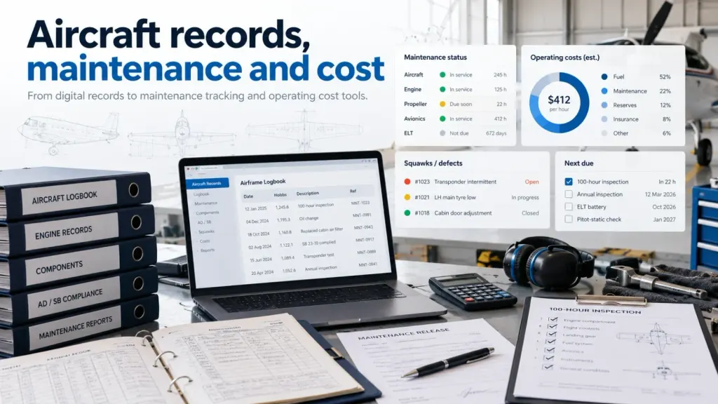 Aircraft records, maintenance tracking and operating cost software