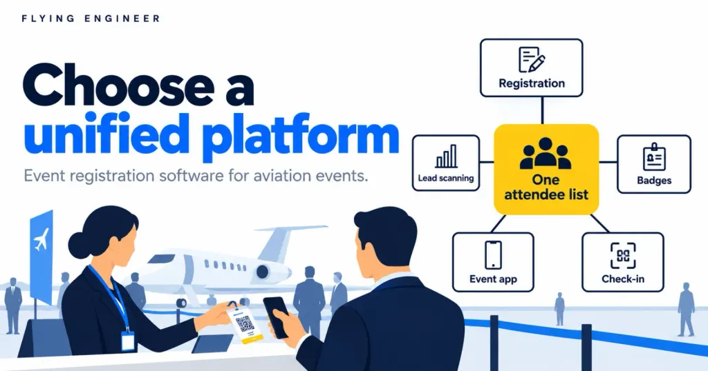 Illustration: choose a unified platform. Registration, badges, check-in, the event app and lead scanning all connect to one attendee list