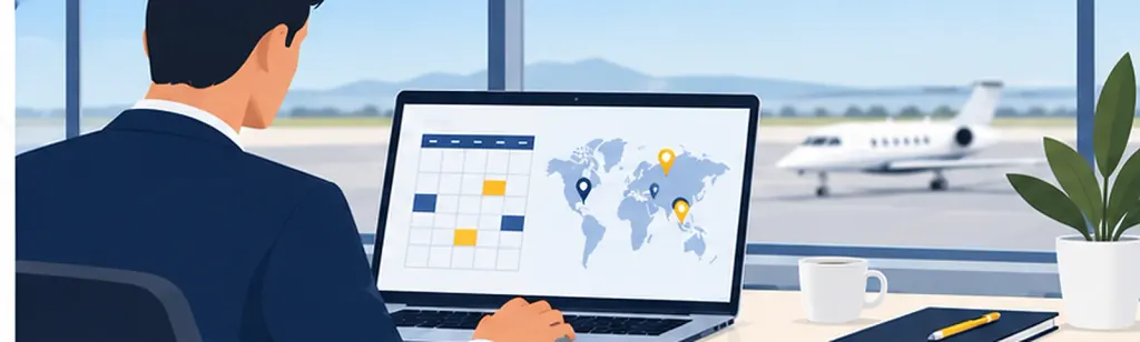 Illustration: a person plans events on a laptop showing a calendar and a world map with pins