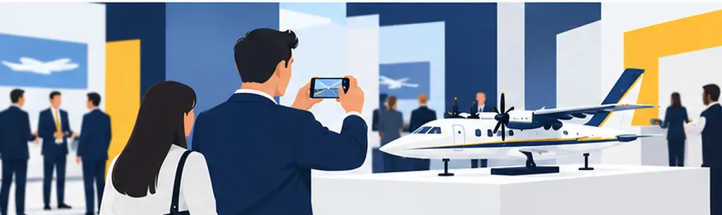Illustration: an exhibitor takes a photo of a turboprop aircraft model at a trade show booth