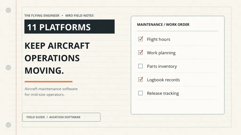 MRO software checklist: flight hours, work planning, parts inventory, logbook records and release tracking