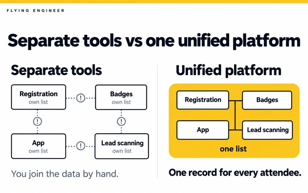 Diagram comparing separate tools, each with its own attendee list, to one unified platform with one list