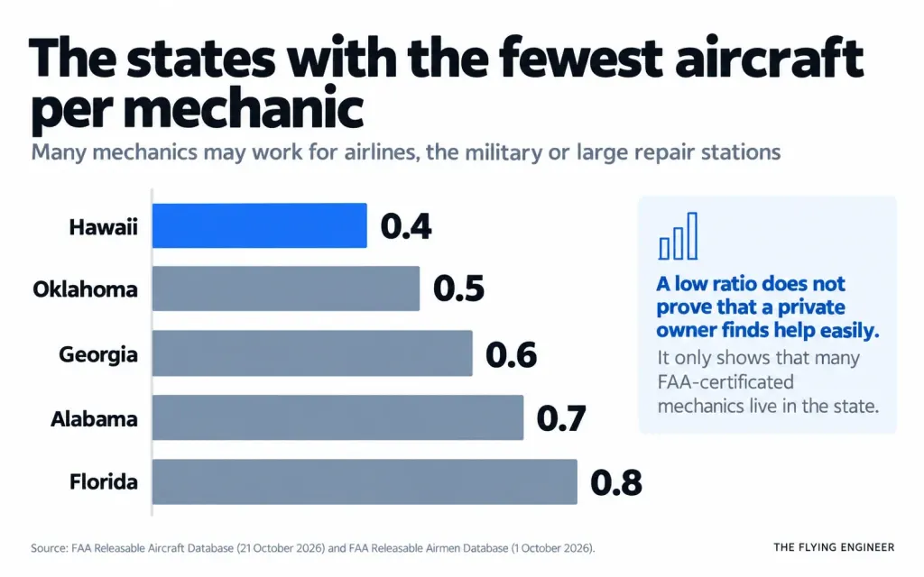 Bar chart of the states with the fewest aircraft per mechanic: Hawaii 0.4, Oklahoma 0.5, Georgia 0.6, Alabama 0.7 and Florida 0.8